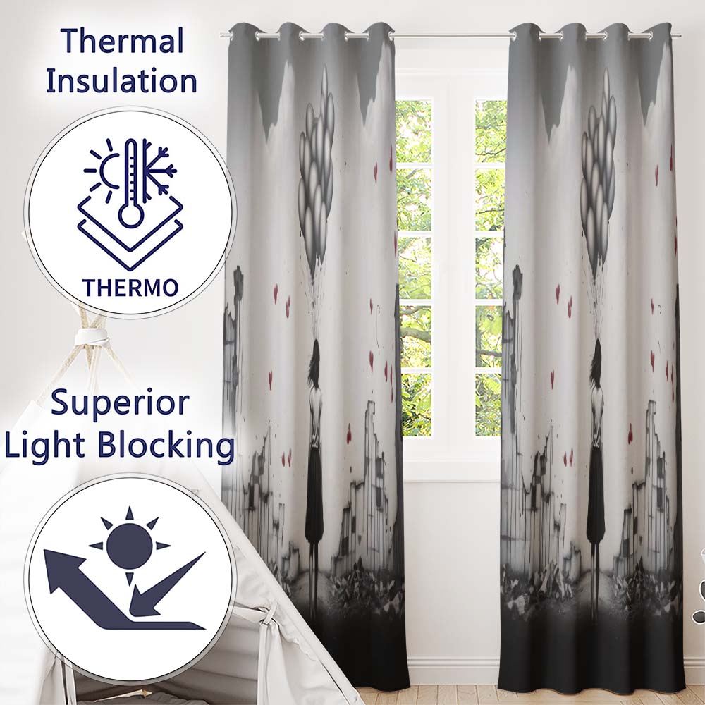 Girl Holding Silver Balloons in Ruined City Vibrant Unique Artwork for Home Decor Readymade Eyelet Ring Top Thermal 100% Blackout Curtains