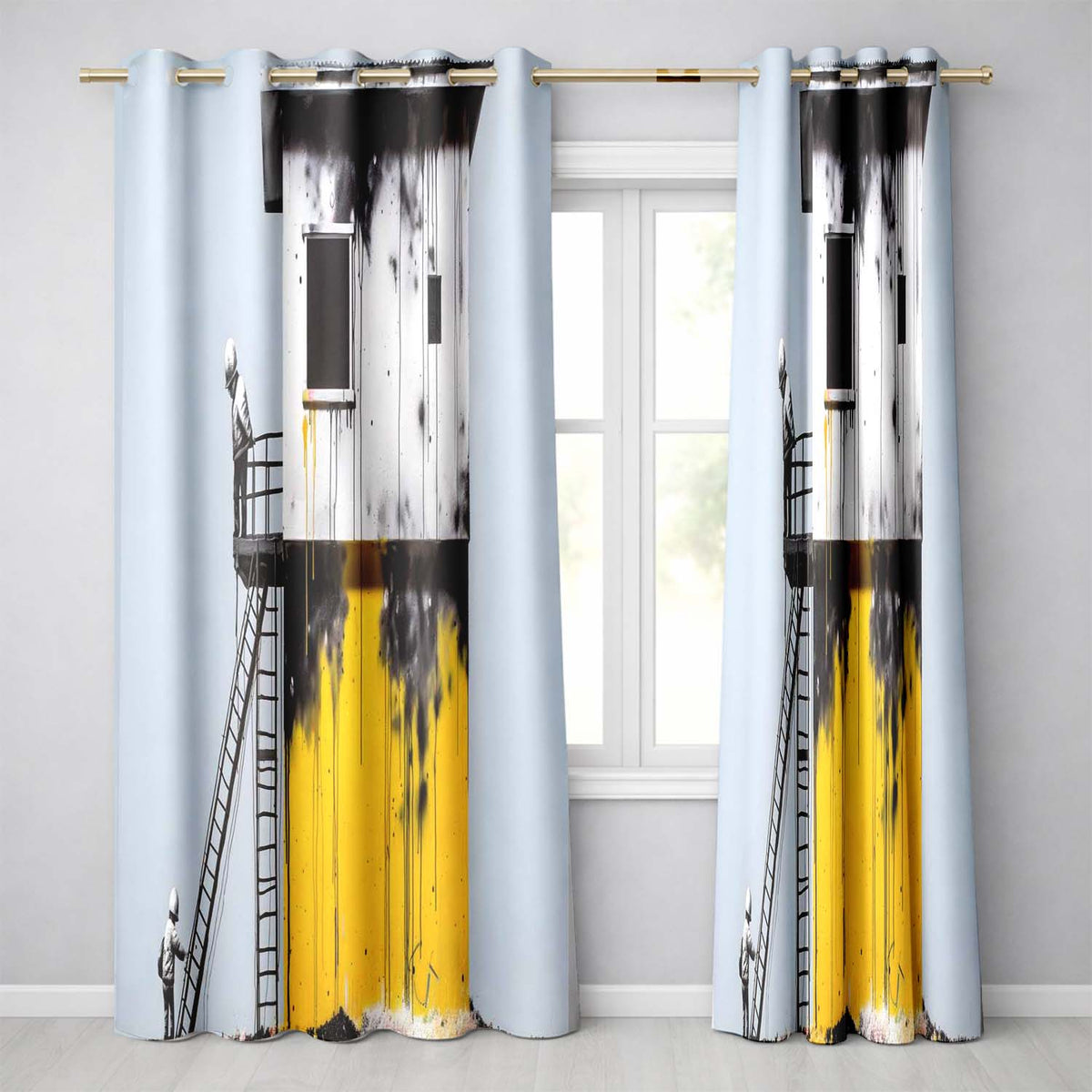 Children Climbing Yellow Graffiti Building Artistic Modern Artwork for Home Decor Readymade Eyelet Ring Top Thermal 100% Blackout Curtains