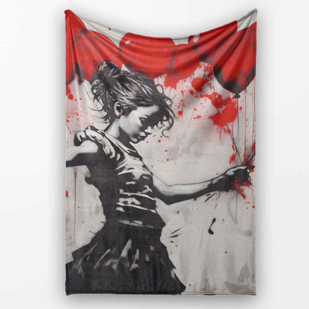 Dancing Girl with Red Balloons Street Art, Bedroom Living Room Accent, Comfortable Everyday Use - Super Soft Fleece Blanket Bed Sofa Throw