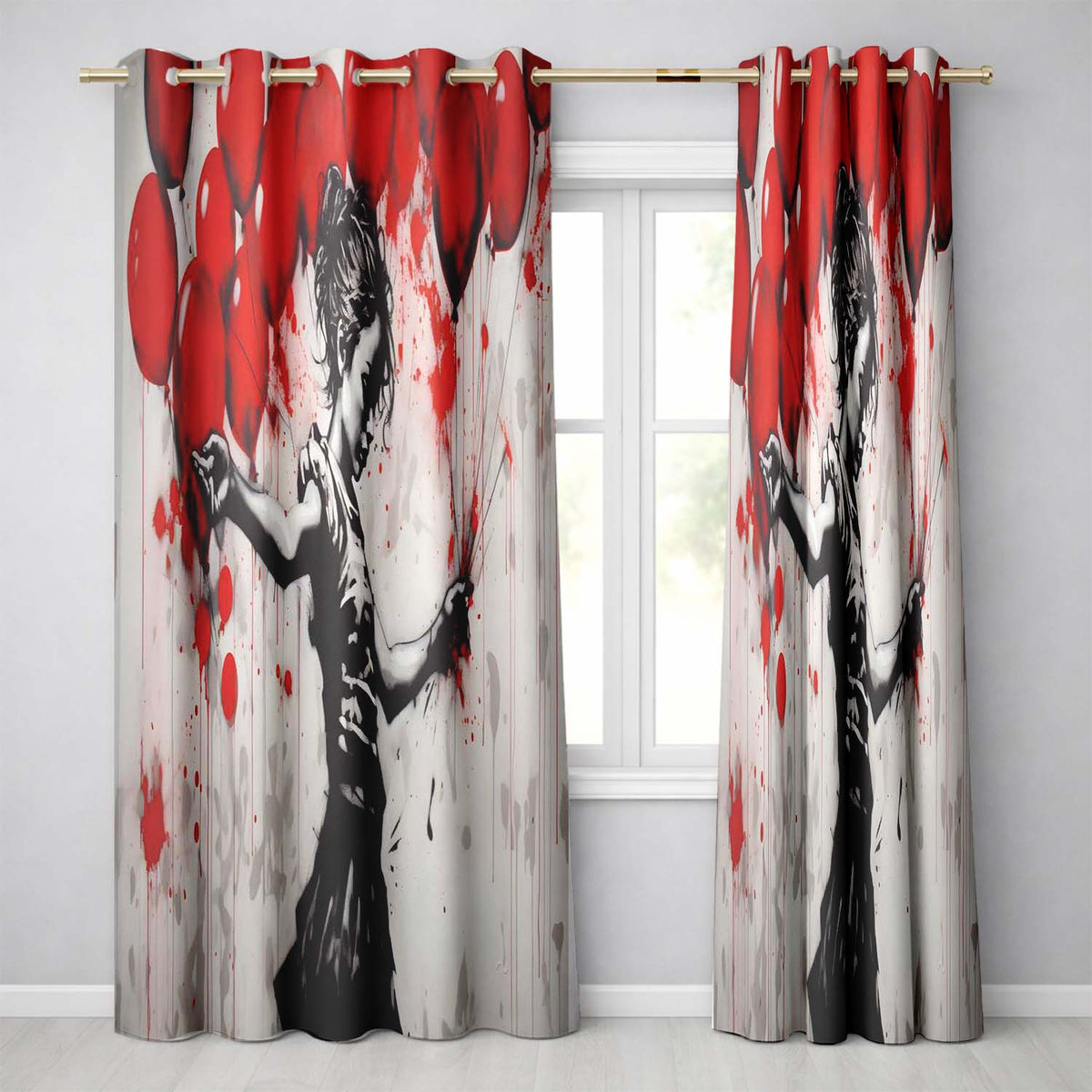 Dancing Girl with Red Balloons Street Art Vibrant Timeless Artwork for Home Decor Readymade Eyelet Ring Top Thermal 100% Blackout Curtains