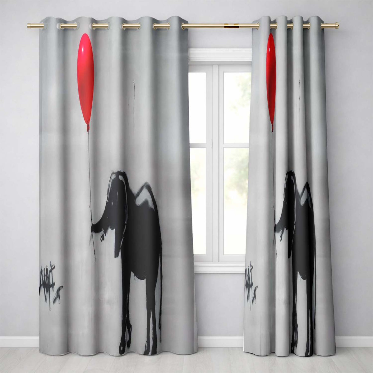 Elephant Holding Red Balloon Minimalist Decorative Stylish Artwork for Home Decor Readymade Eyelet Ring Top Thermal 100% Blackout Curtains