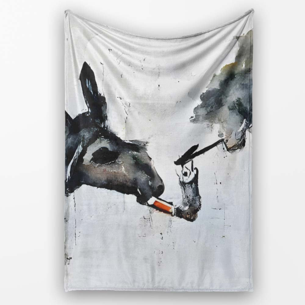 Smoking Donkey Watercolour Urban Street Art, Bedroom Living Room Accent, Unique Artistic Design - Super Soft Fleece Blanket Bed Sofa Throw