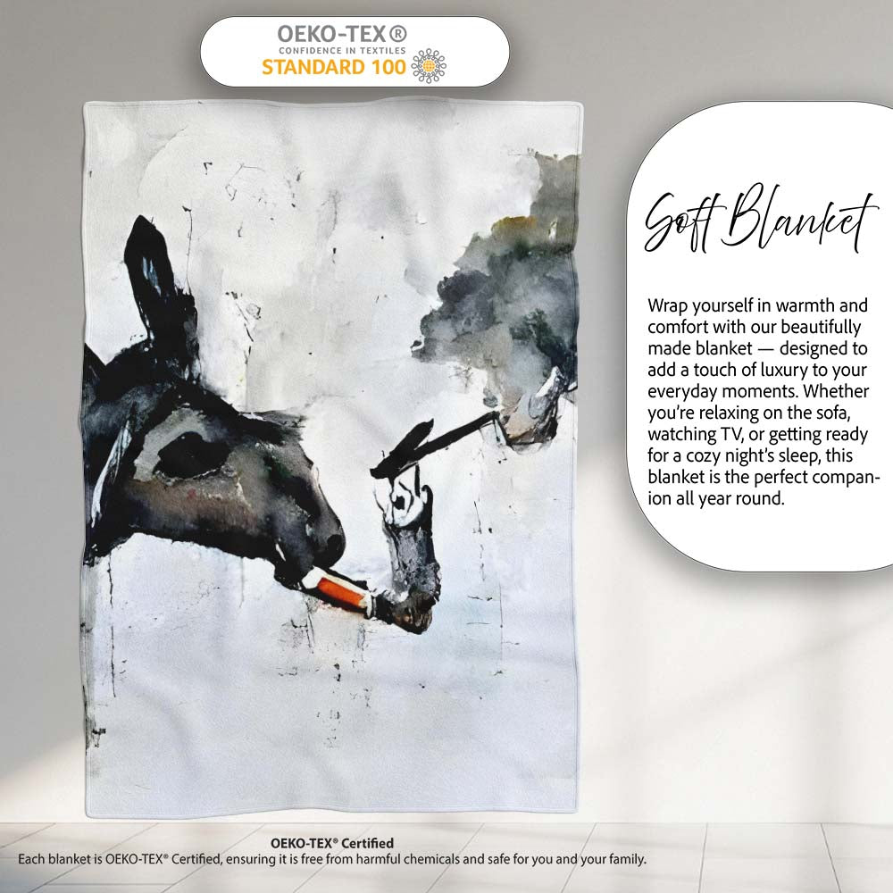 Smoking Donkey Watercolour Urban Street Art, Bedroom Living Room Accent, Unique Artistic Design - Super Soft Fleece Blanket Bed Sofa Throw