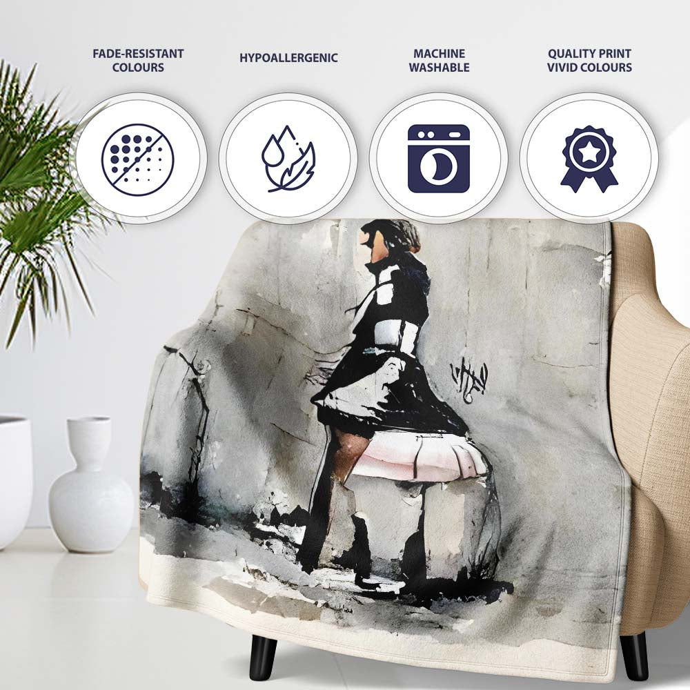 Woman in Black and White Dress Urban Graffiti, All Season Comfort, Thoughtful Housewarming Gift - Super Soft Fleece Blanket Bed Sofa Throw