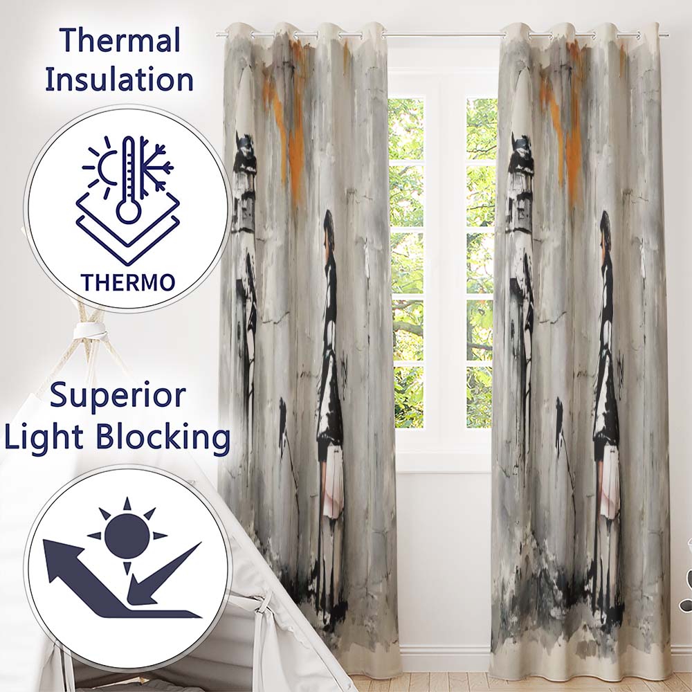 Woman in Black and White Dress Urban Graffiti Bold Vibrant Artwork for Home Decor Readymade Eyelet Ring Top Thermal 100% Blackout Curtains