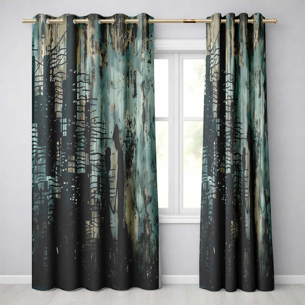 Couple Holding Hands City Silhouette Street Art Elegant Artwork for Bedroom Decor Readymade Eyelet Ring Top Thermal 100% Blackout Curtains