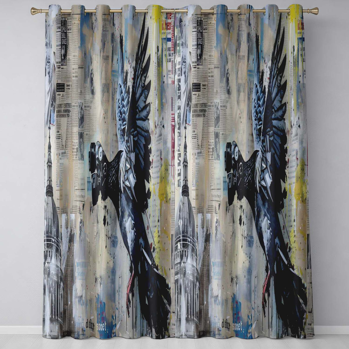 Pigeon Wearing Binoculars Newspaper Collage Stylish Unique Artwork for Home Decor Readymade Eyelet Ring Top Thermal 100% Blackout Curtains