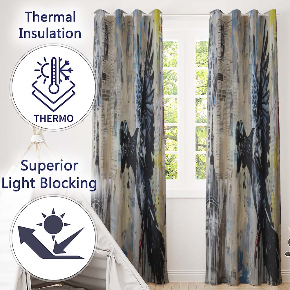 Pigeon Wearing Binoculars Newspaper Collage Stylish Unique Artwork for Home Decor Readymade Eyelet Ring Top Thermal 100% Blackout Curtains