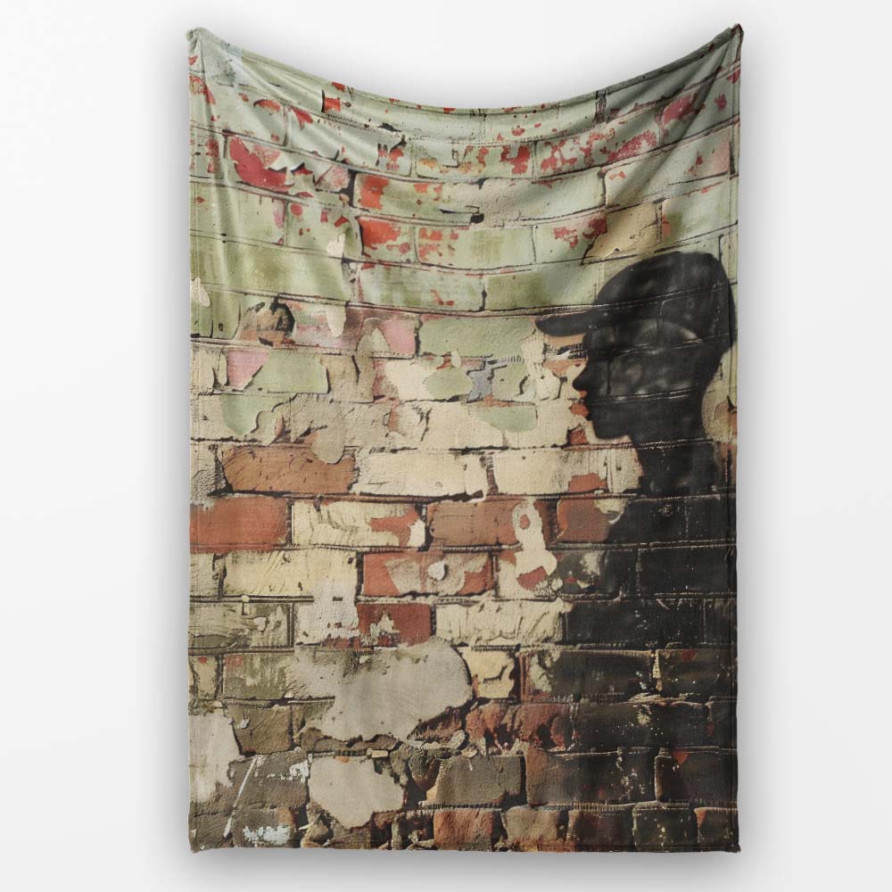 Black Human Profile on Weathered Brick Wall, Bedroom Living Room Accent, Unique Artistic Design - Super Soft Fleece Blanket Bed Sofa Throw