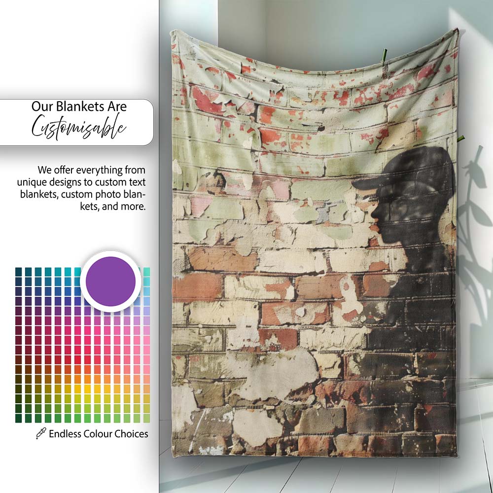 Black Human Profile on Weathered Brick Wall, Bedroom Living Room Accent, Unique Artistic Design - Super Soft Fleece Blanket Bed Sofa Throw