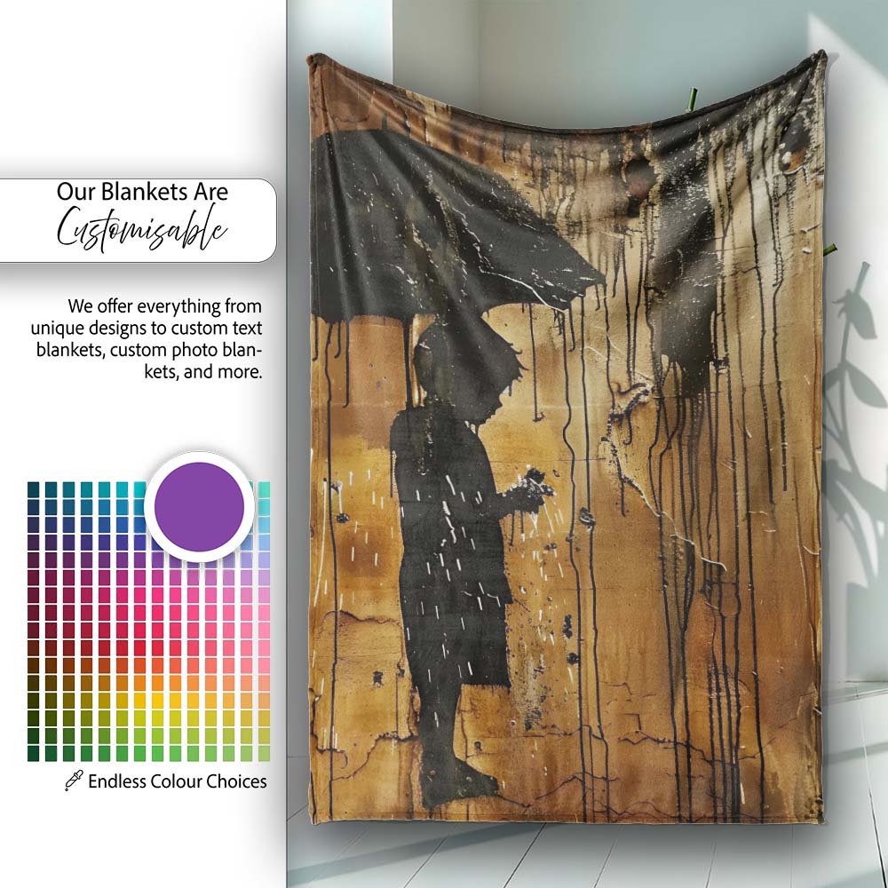 Silhouette Figure Under Black Umbrella Rain Graffiti, Lightweight Comfortable Decorative Accent - Super Soft Fleece Blanket Bed Sofa Throw