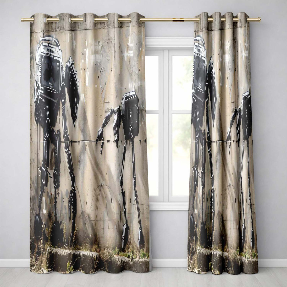 Futuristic Black Robots on Concrete Wall Graffiti Distinctive Artistic Home Decor Readymade Eyelet Ring Top Thermal 100% Blackout Curtains
