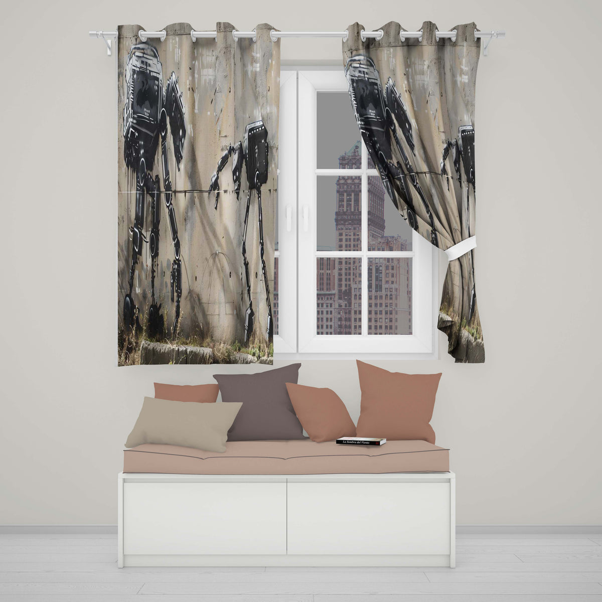 Futuristic Black Robots on Concrete Wall Graffiti Distinctive Artistic Home Decor Readymade Eyelet Ring Top Thermal 100% Blackout Curtains