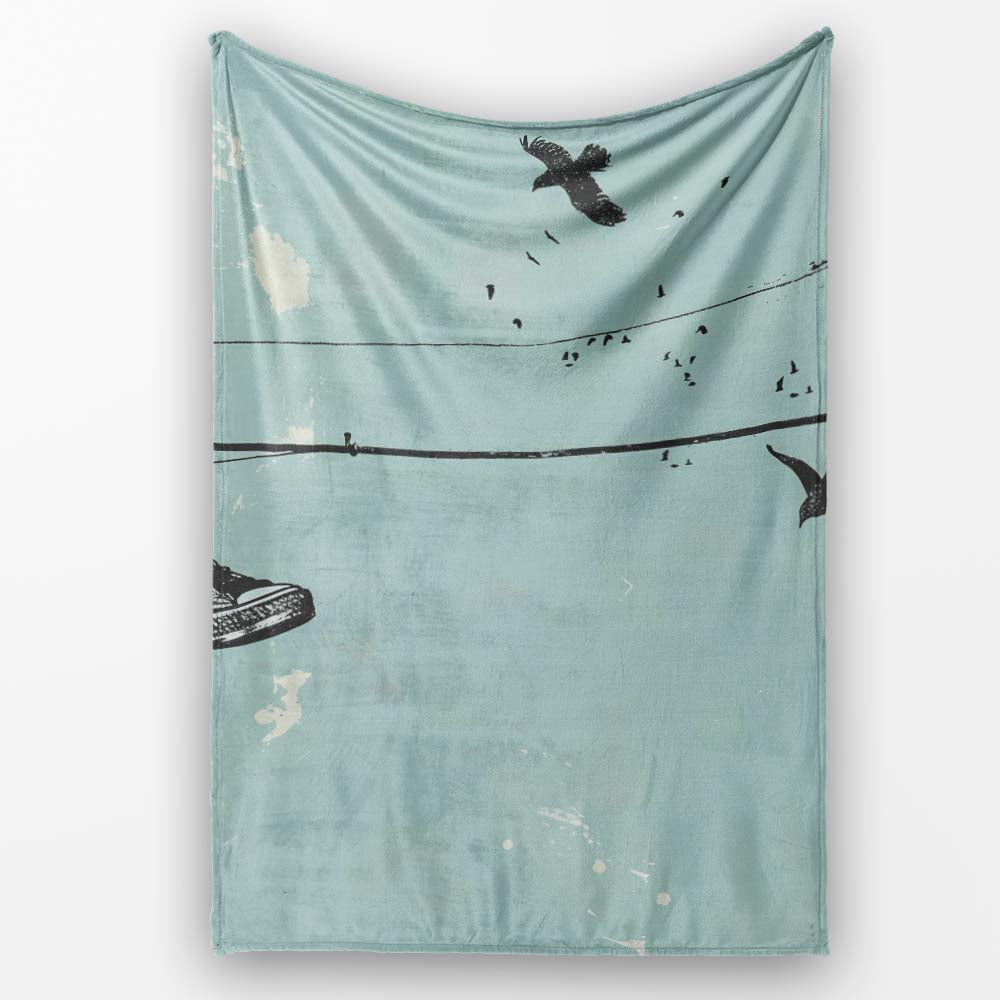 Black Trainers on Blue Washing Line Minimal Street Art, Decorative Comfortable Everyday Comfort - Super Soft Fleece Blanket Bed Sofa Throw