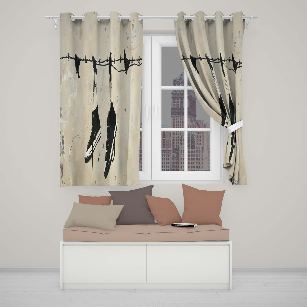 Black Trainers Hanging from Barbed Wire Graffiti Modern Artwork for Bedroom Decor Readymade Eyelet Ring Top Thermal 100% Blackout Curtains