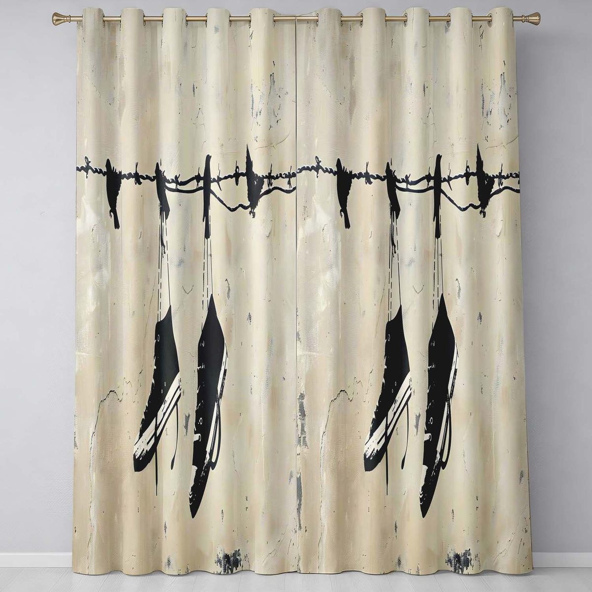 Black Trainers Hanging from Barbed Wire Graffiti Modern Artwork for Bedroom Decor Readymade Eyelet Ring Top Thermal 100% Blackout Curtains