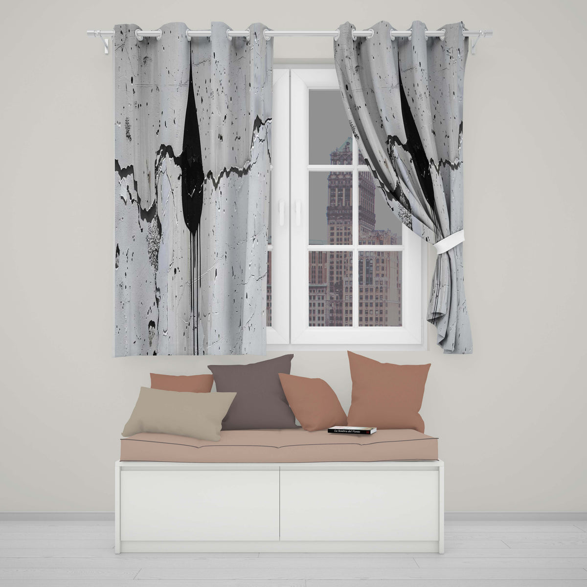 Black Hooded Face on Cracked White Wall Graffiti Modern Artwork for Bedroom Decor Readymade Eyelet Ring Top Thermal 100% Blackout Curtains