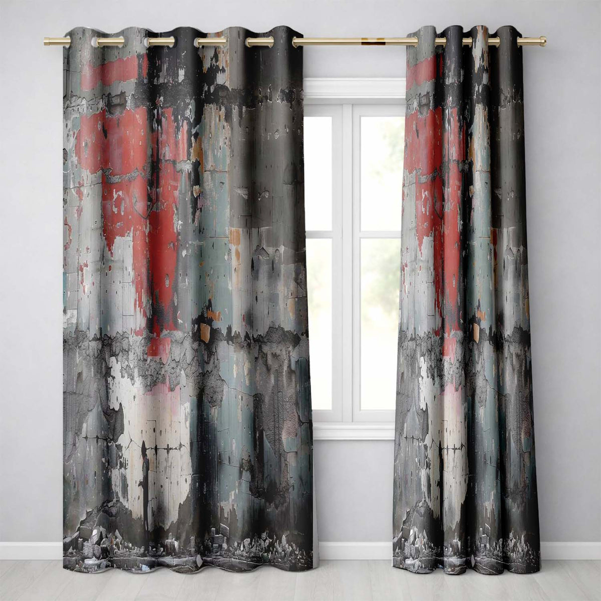 Lone Figure by Distressed Red Grey Urban Wall Stylish Bold Artwork for Home Decor Readymade Eyelet Ring Top Thermal 100% Blackout Curtains