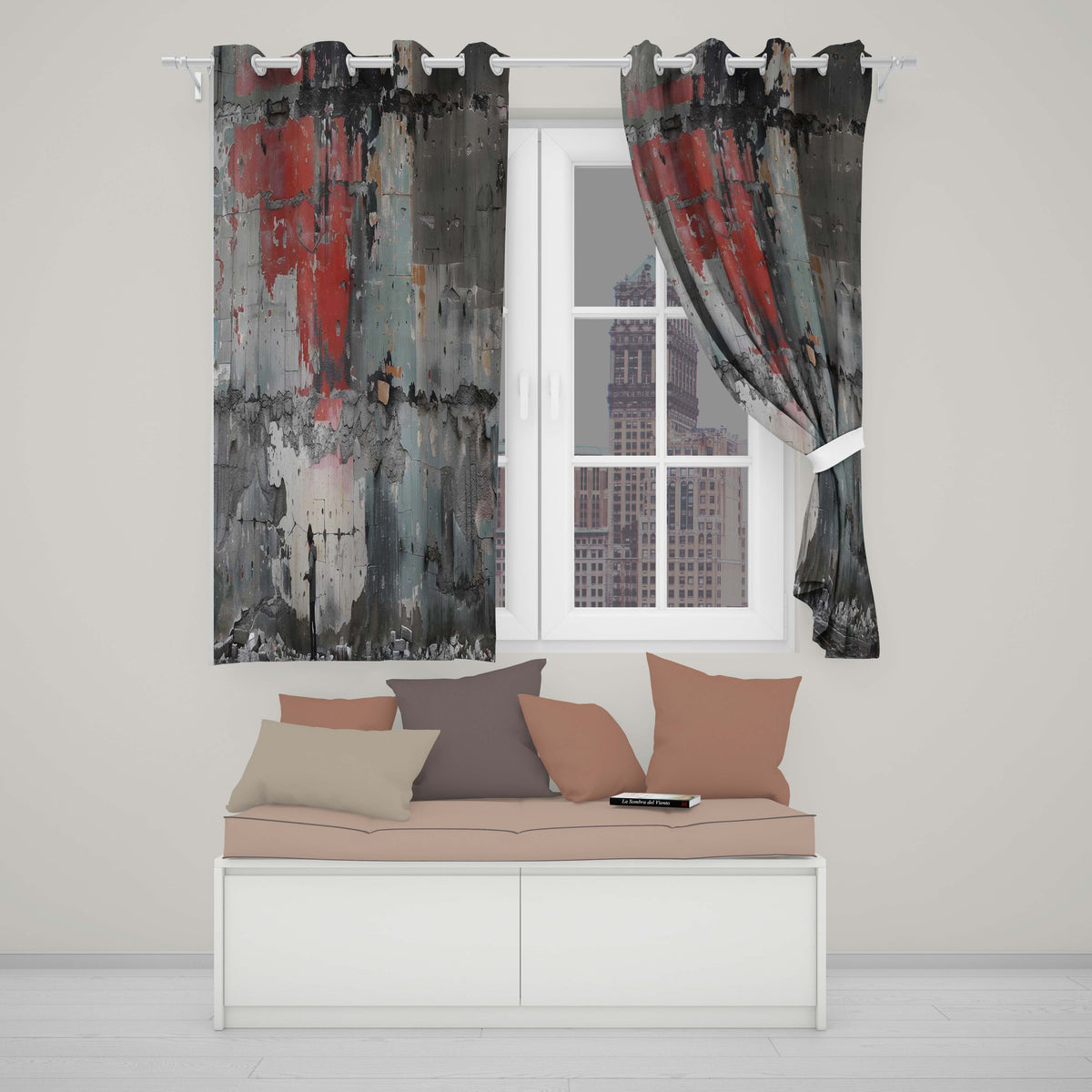 Lone Figure by Distressed Red Grey Urban Wall Stylish Bold Artwork for Home Decor Readymade Eyelet Ring Top Thermal 100% Blackout Curtains