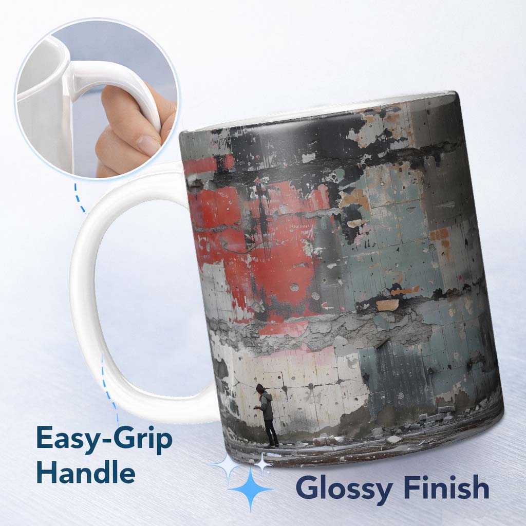 Lone Figure by Distressed Red Grey Urban Wall 11oz Ceramic Coffee Tea Mug White Large Handle