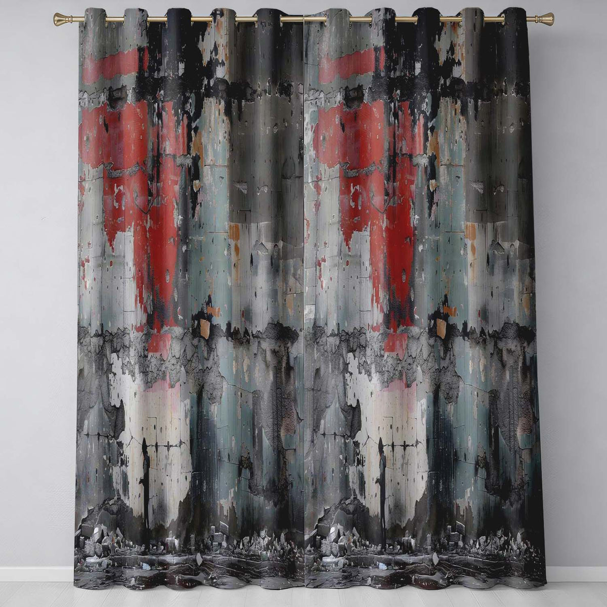 Lone Figure by Distressed Red Grey Urban Wall Stylish Bold Artwork for Home Decor Readymade Eyelet Ring Top Thermal 100% Blackout Curtains
