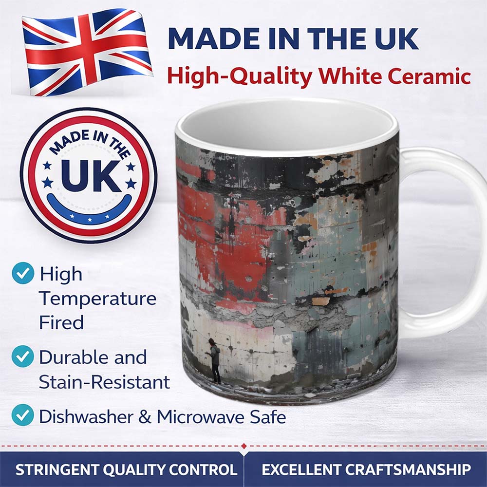 Lone Figure by Distressed Red Grey Urban Wall 11oz Ceramic Coffee Tea Mug White Large Handle