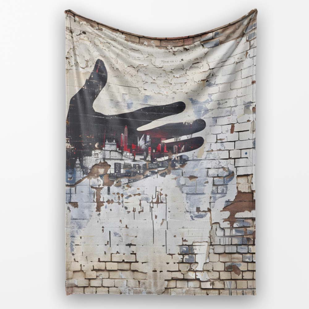 Black Hand Cityscape on Weathered Brick Wall, Comfortable Everyday Use, Stylish Room Decoration - Super Soft Fleece Blanket Bed Sofa Throw