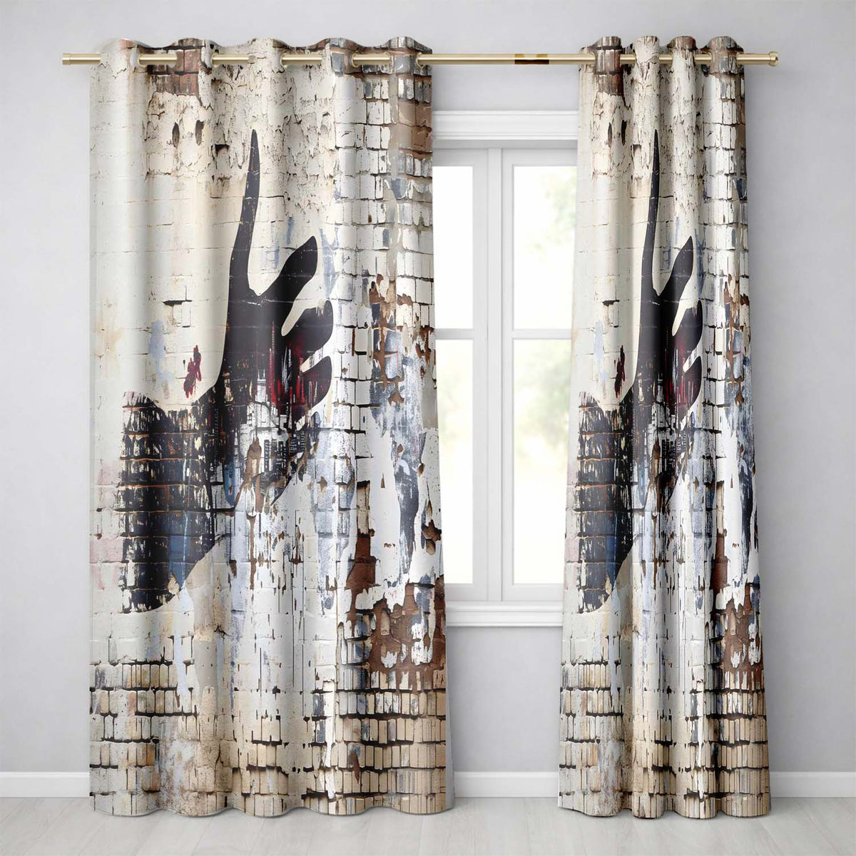 Black Hand Cityscape on Weathered Brick Wall Unique Modern Artwork for Home Decor Readymade Eyelet Ring Top Thermal 100% Blackout Curtains