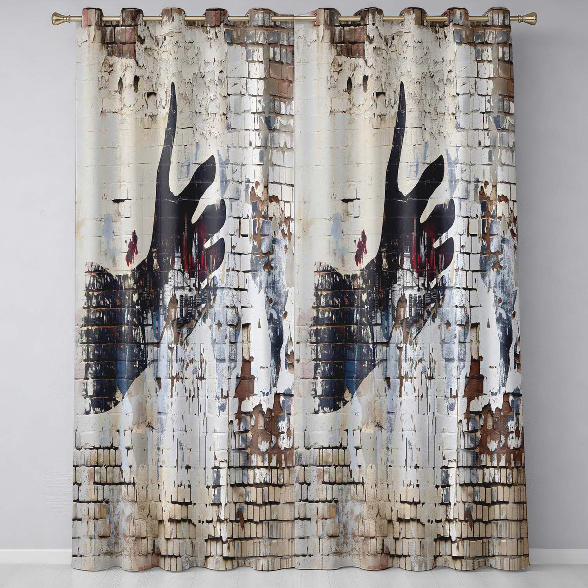 Black Hand Cityscape on Weathered Brick Wall Unique Modern Artwork for Home Decor Readymade Eyelet Ring Top Thermal 100% Blackout Curtains