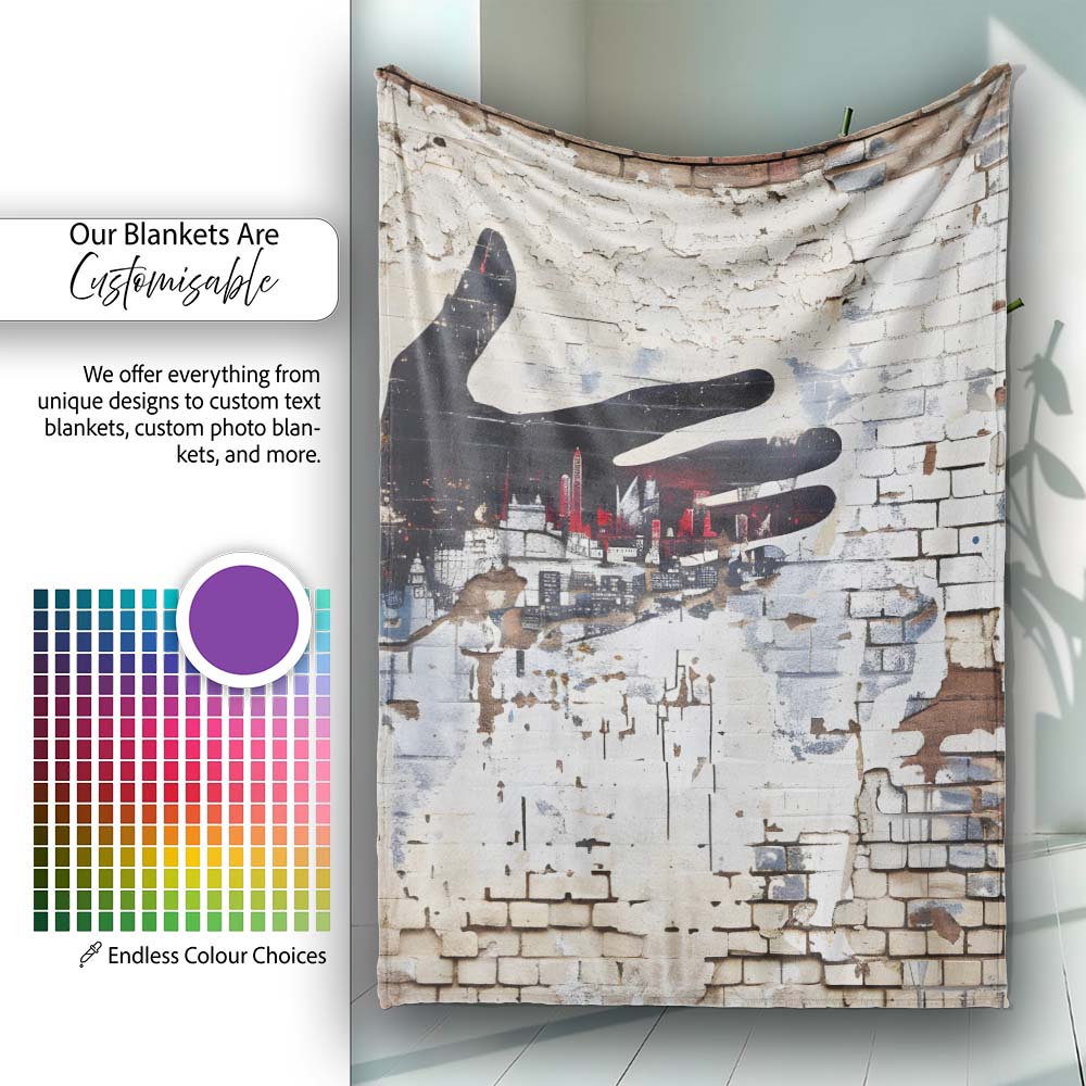 Black Hand Cityscape on Weathered Brick Wall, Comfortable Everyday Use, Stylish Room Decoration - Super Soft Fleece Blanket Bed Sofa Throw