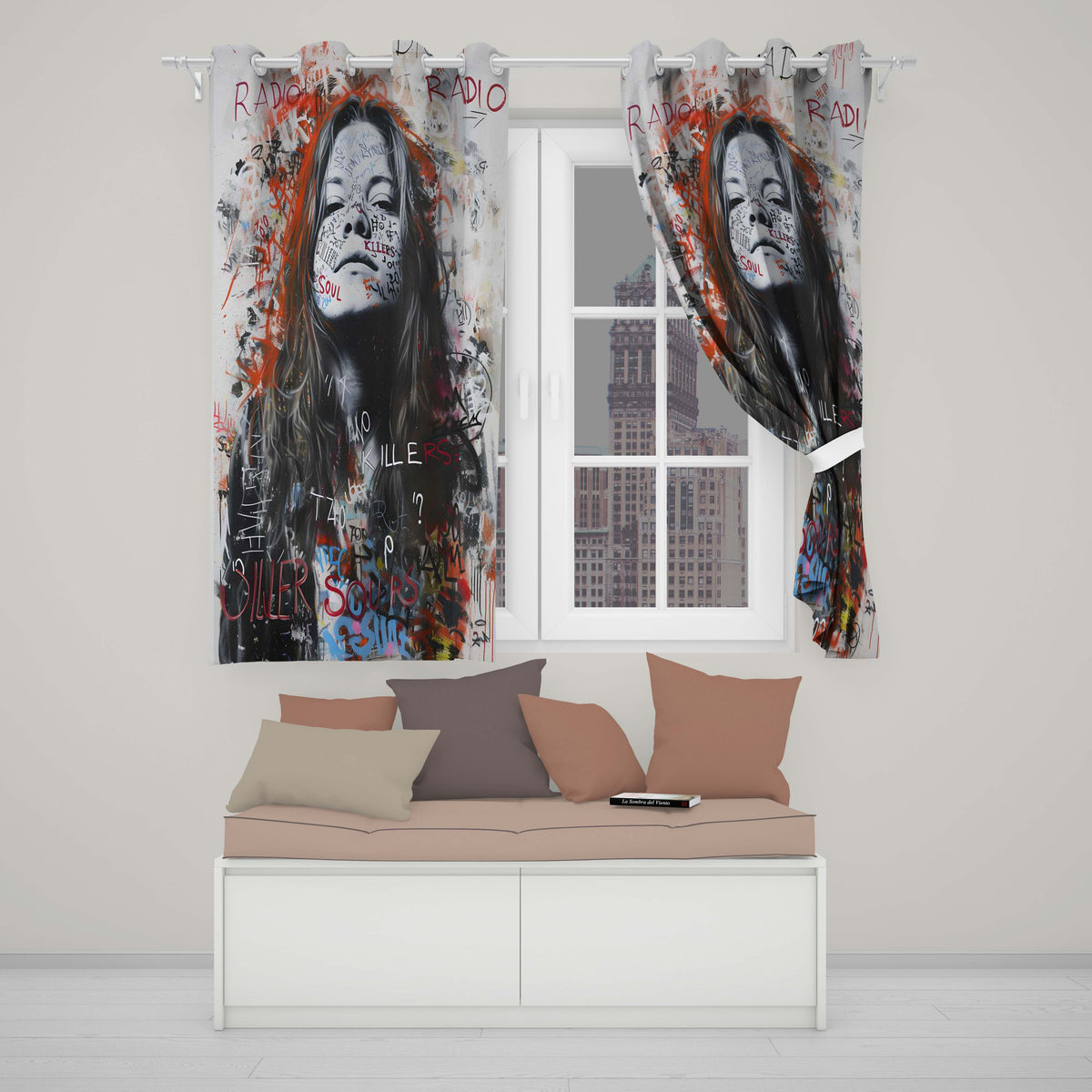 Woman Portrait with Graffiti Writing Urban Pop Art Expressive Artistic Home Decor Readymade Eyelet Ring Top Thermal 100% Blackout Curtains