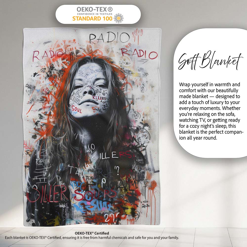 Woman Portrait with Graffiti Writing Urban Pop Art, All Season Comfort, Stylish Room Decoration - Super Soft Fleece Blanket Bed Sofa Throw