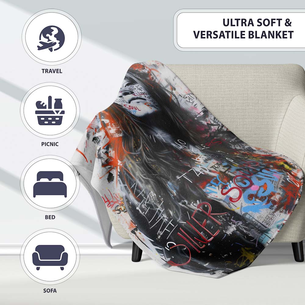 Woman Portrait with Graffiti Writing Urban Pop Art, All Season Comfort, Stylish Room Decoration - Super Soft Fleece Blanket Bed Sofa Throw