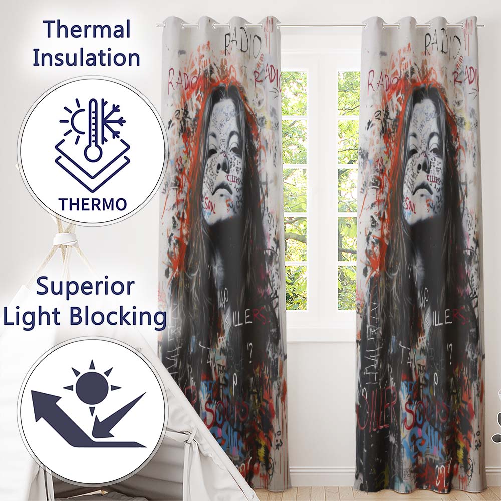 Woman Portrait with Graffiti Writing Urban Pop Art Expressive Artistic Home Decor Readymade Eyelet Ring Top Thermal 100% Blackout Curtains