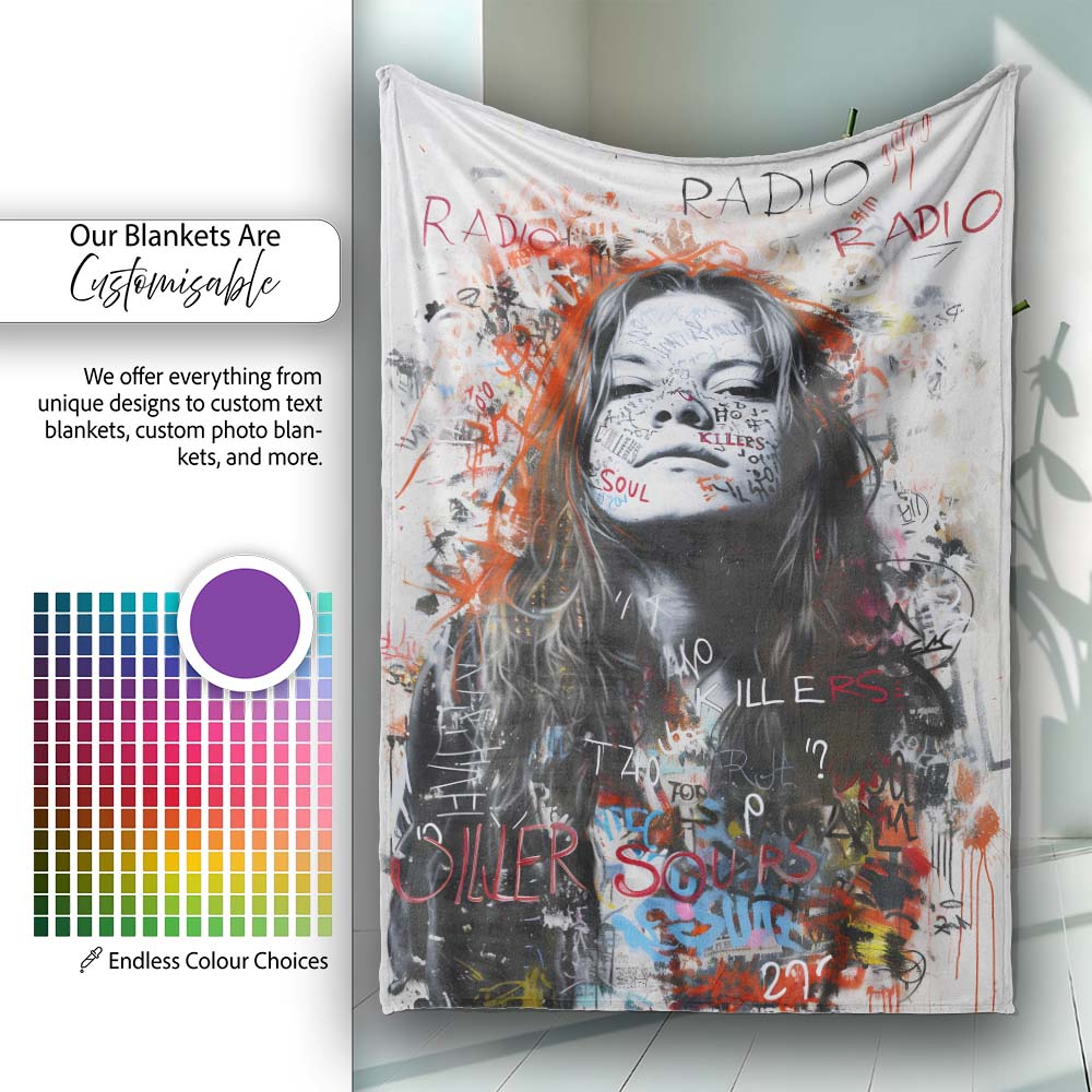 Woman Portrait with Graffiti Writing Urban Pop Art, All Season Comfort, Stylish Room Decoration - Super Soft Fleece Blanket Bed Sofa Throw