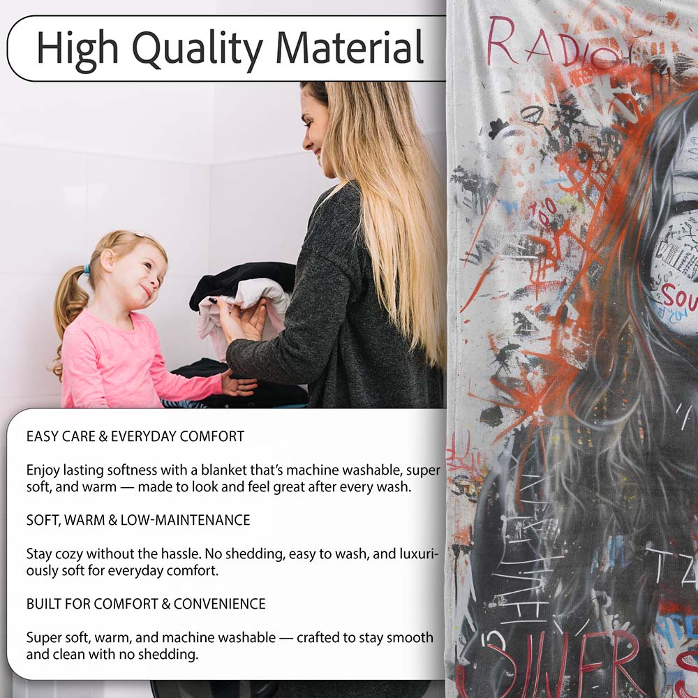 Woman Portrait with Graffiti Writing Urban Pop Art, All Season Comfort, Stylish Room Decoration - Super Soft Fleece Blanket Bed Sofa Throw