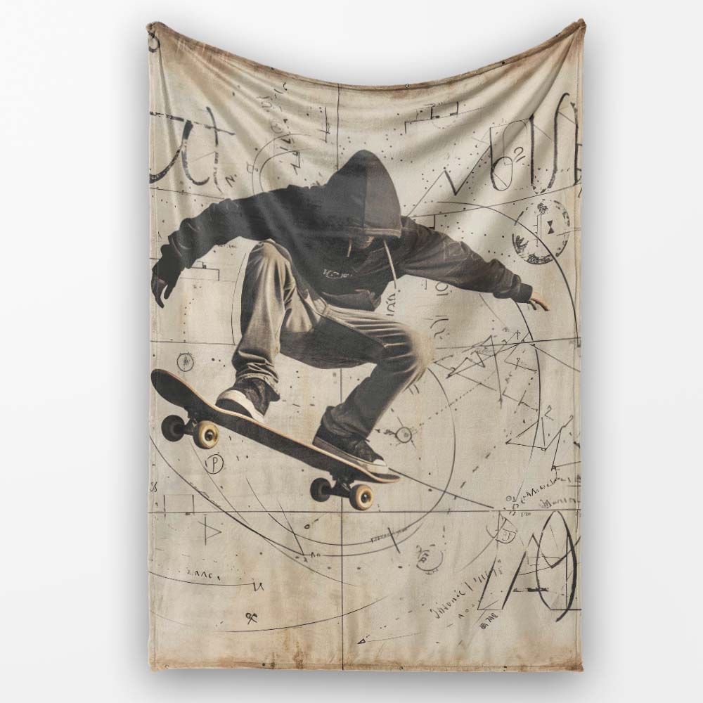 Hooded Skateboarder with Abstract Sketches Urban, All Season Comfort, Decorative Wall Art Style - Super Soft Fleece Blanket Bed Sofa Throw