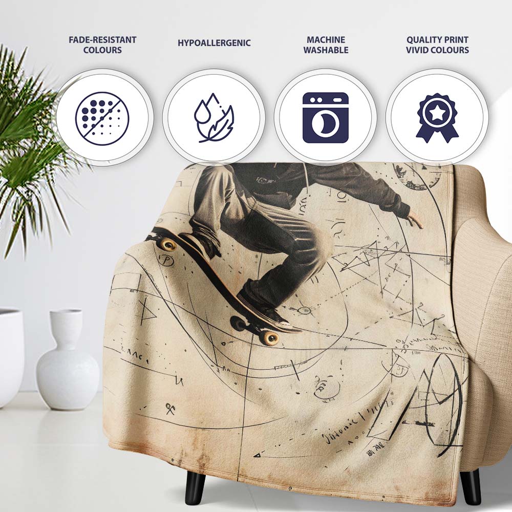 Hooded Skateboarder with Abstract Sketches Urban, All Season Comfort, Decorative Wall Art Style - Super Soft Fleece Blanket Bed Sofa Throw