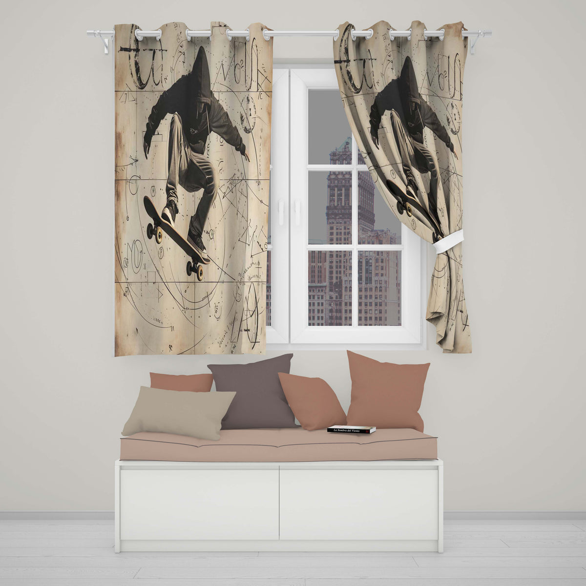 Hooded Skateboarder with Abstract Sketches Urban Contemporary Wall Art Home Decor Readymade Eyelet Ring Top Thermal 100% Blackout Curtains