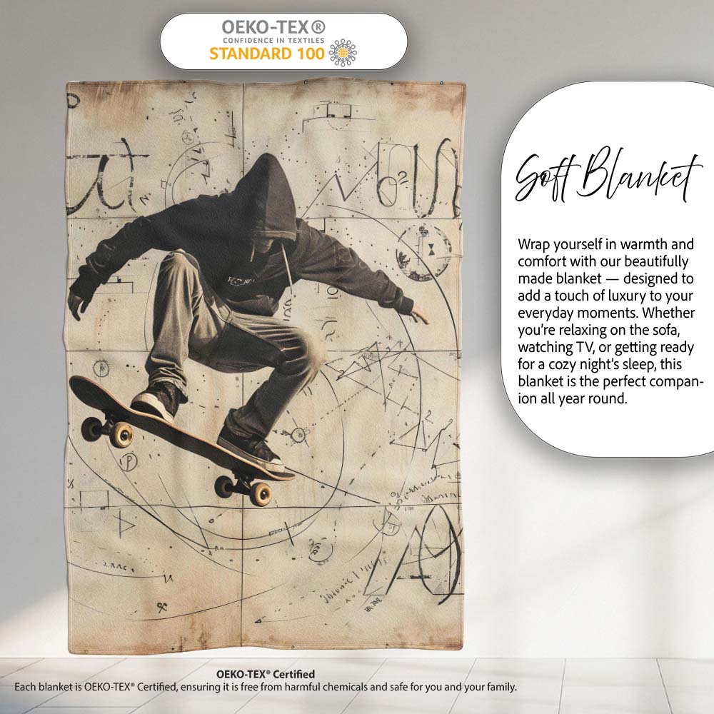 Hooded Skateboarder with Abstract Sketches Urban, All Season Comfort, Decorative Wall Art Style - Super Soft Fleece Blanket Bed Sofa Throw