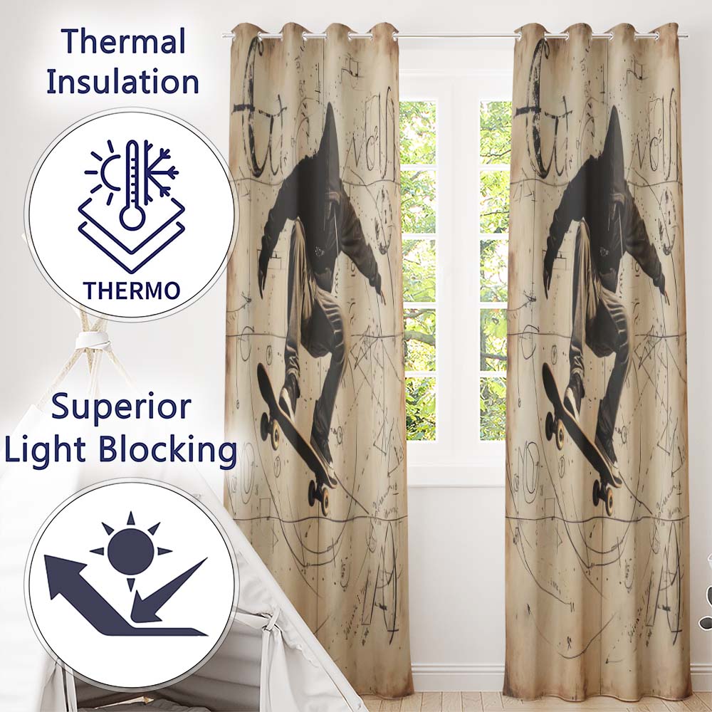 Hooded Skateboarder with Abstract Sketches Urban Contemporary Wall Art Home Decor Readymade Eyelet Ring Top Thermal 100% Blackout Curtains