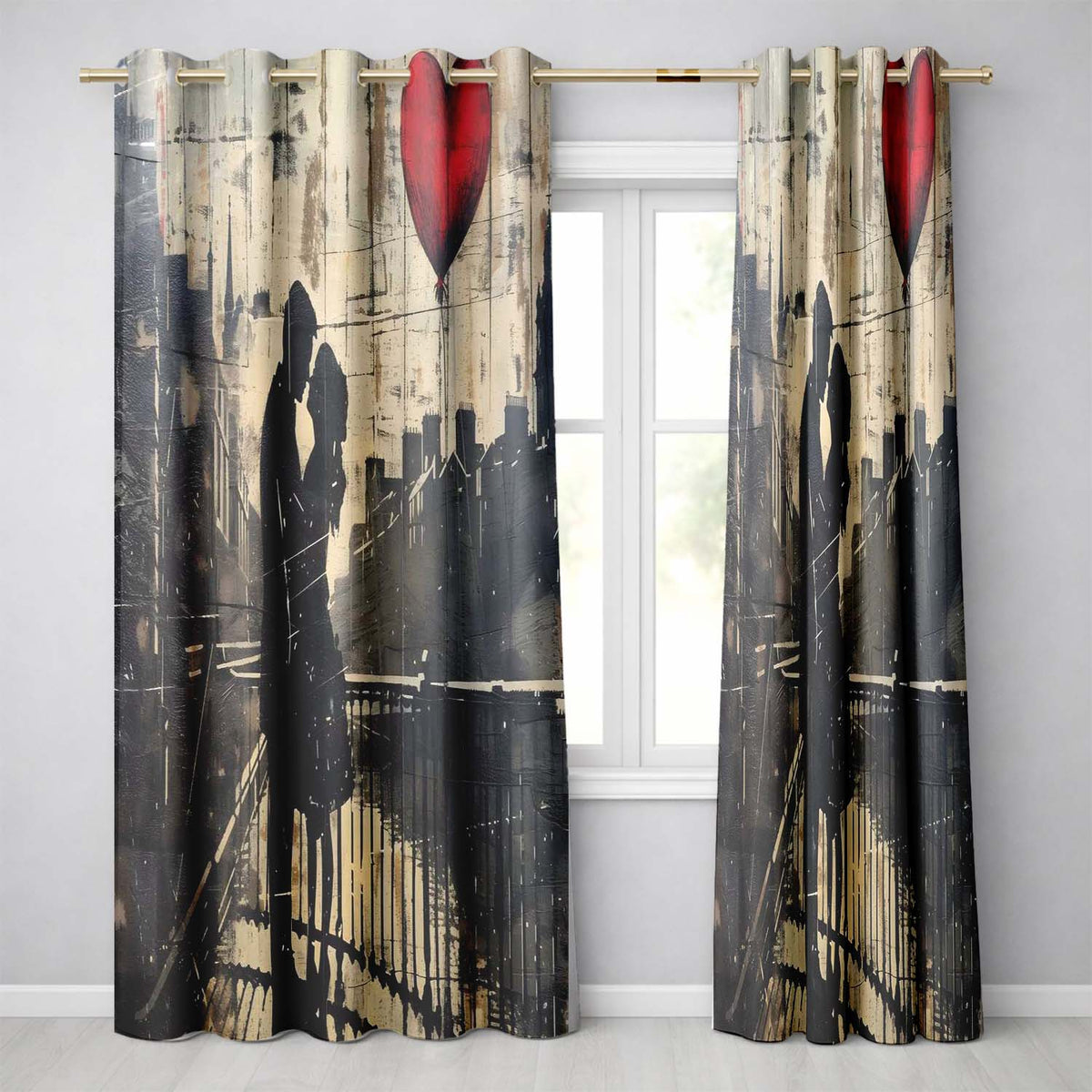 Romantic Couple Silhouette with Red Heart Balloon Distinctive Artistic Home Decor Readymade Eyelet Ring Top Thermal 100% Blackout Curtains