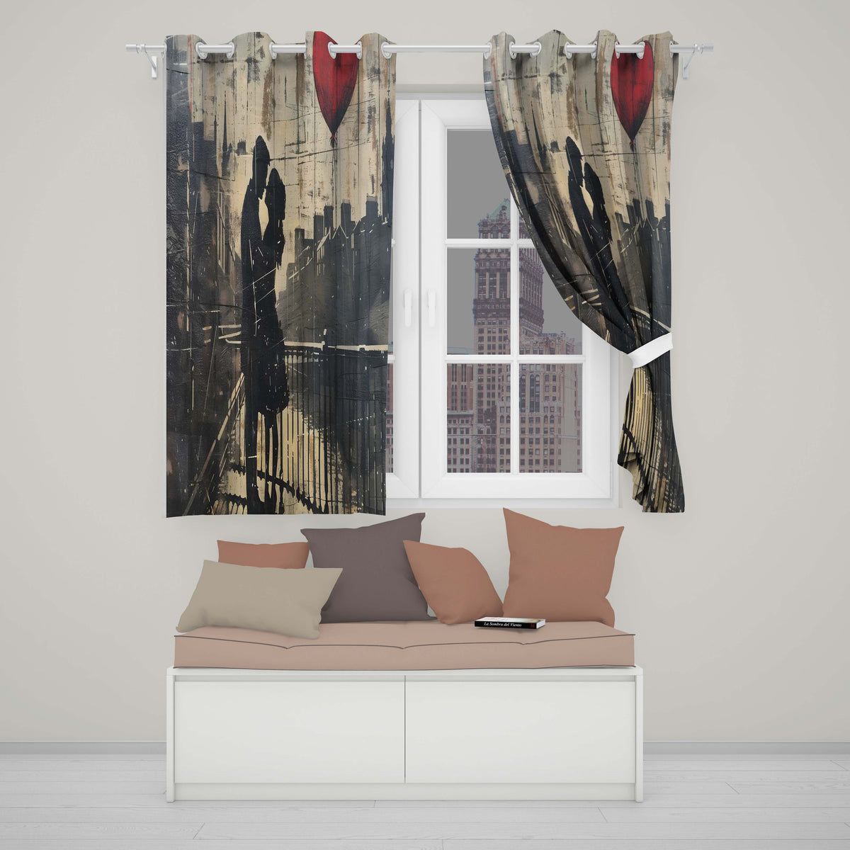 Romantic Couple Silhouette with Red Heart Balloon Distinctive Artistic Home Decor Readymade Eyelet Ring Top Thermal 100% Blackout Curtains