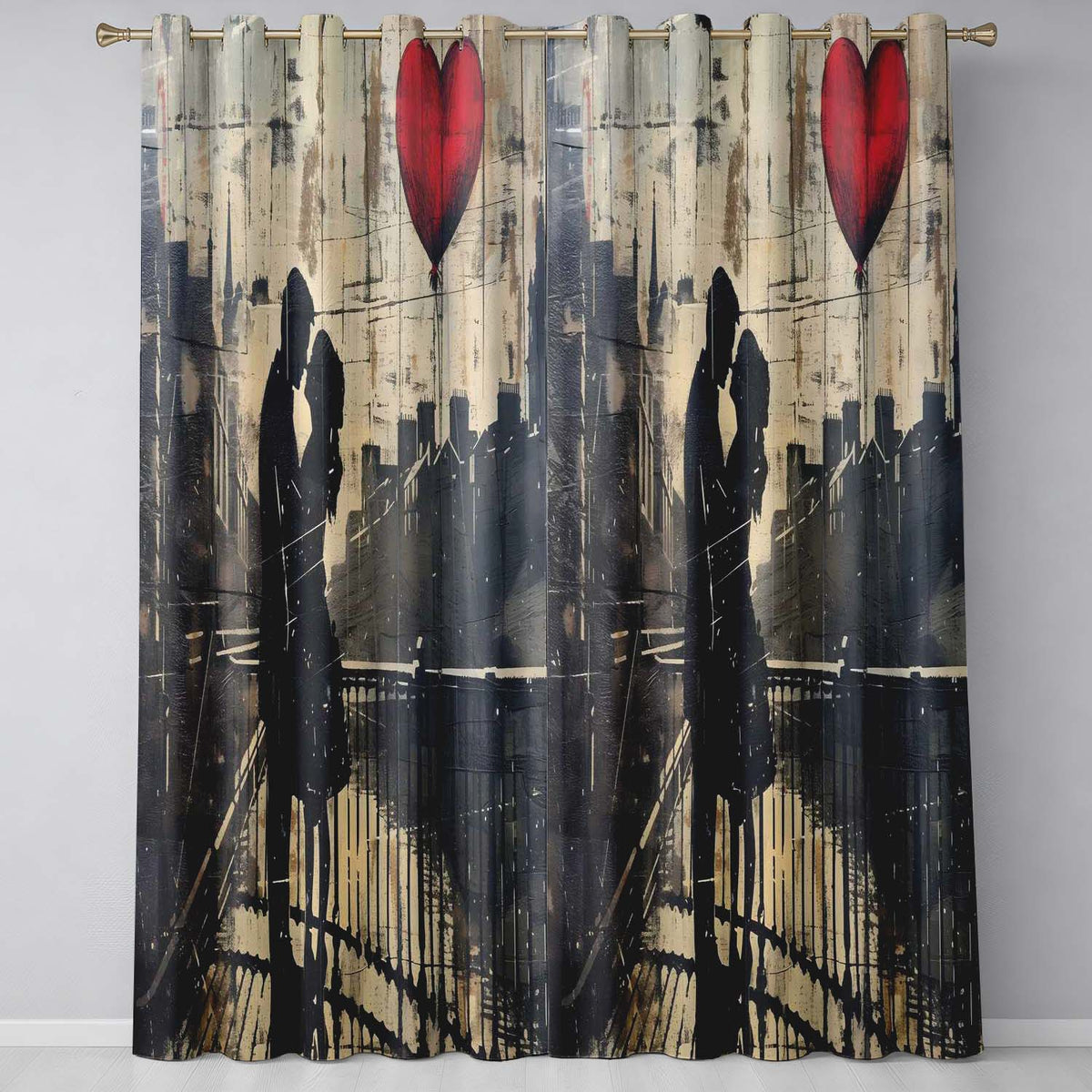 Romantic Couple Silhouette with Red Heart Balloon Distinctive Artistic Home Decor Readymade Eyelet Ring Top Thermal 100% Blackout Curtains