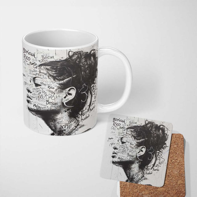Black and White Woman Portrait Typography Graffiti 11oz Ceramic Coffee Tea Mug White Large Handle