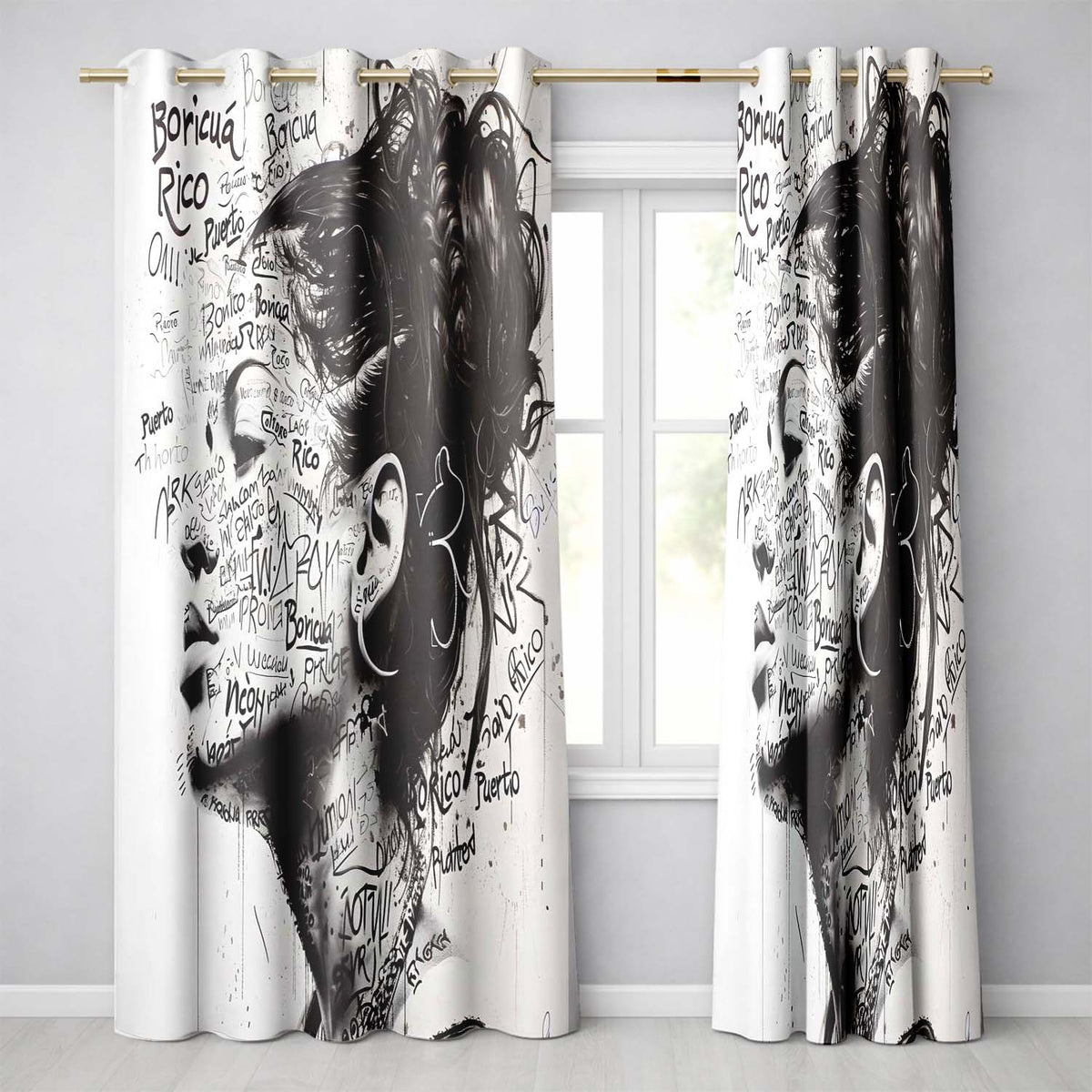 Black and White Woman Portrait Typography Graffiti Timeless Design for Home Decor Readymade Eyelet Ring Top Thermal 100% Blackout Curtains