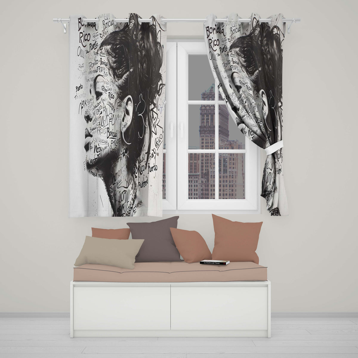 Black and White Woman Portrait Typography Graffiti Timeless Design for Home Decor Readymade Eyelet Ring Top Thermal 100% Blackout Curtains