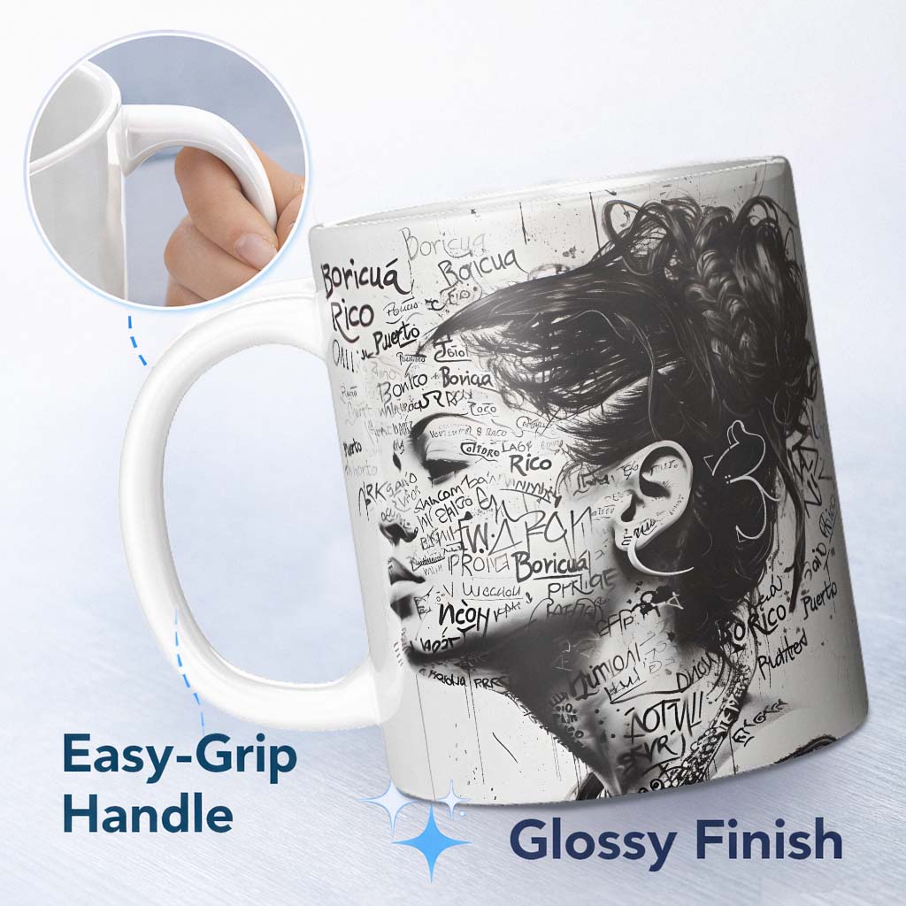 Black and White Woman Portrait Typography Graffiti 11oz Ceramic Coffee Tea Mug White Large Handle
