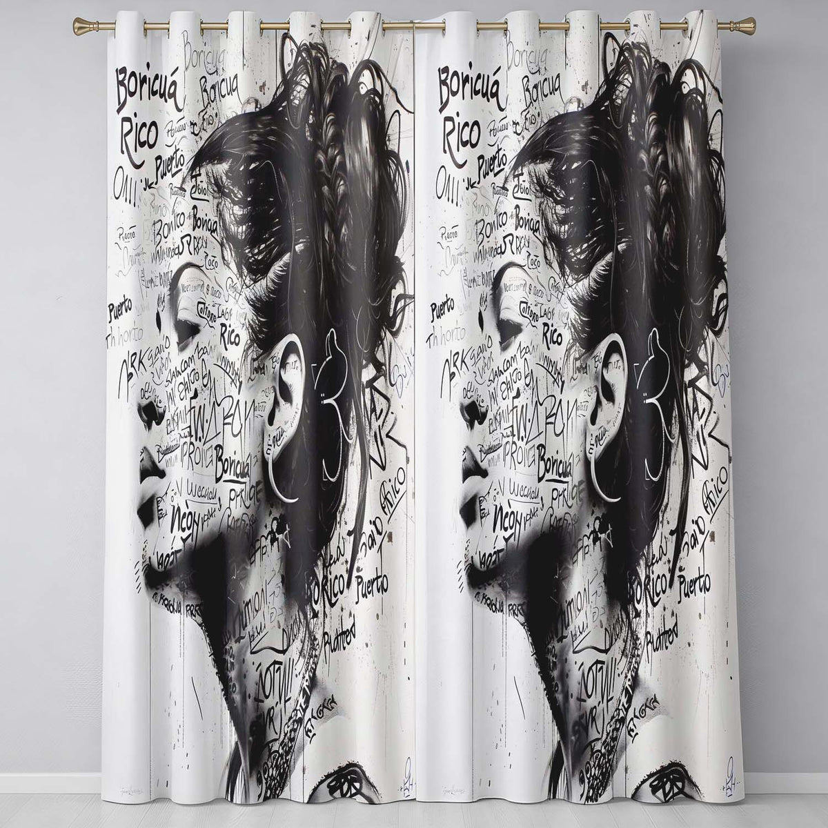Black and White Woman Portrait Typography Graffiti Timeless Design for Home Decor Readymade Eyelet Ring Top Thermal 100% Blackout Curtains