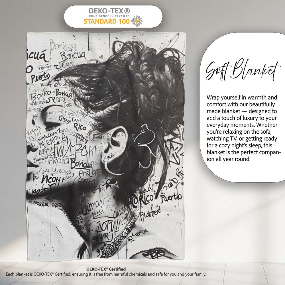 Black and White Woman Portrait Typography Graffiti, All Season Comfort, Stylish Room Decoration - Super Soft Fleece Blanket Bed Sofa Throw